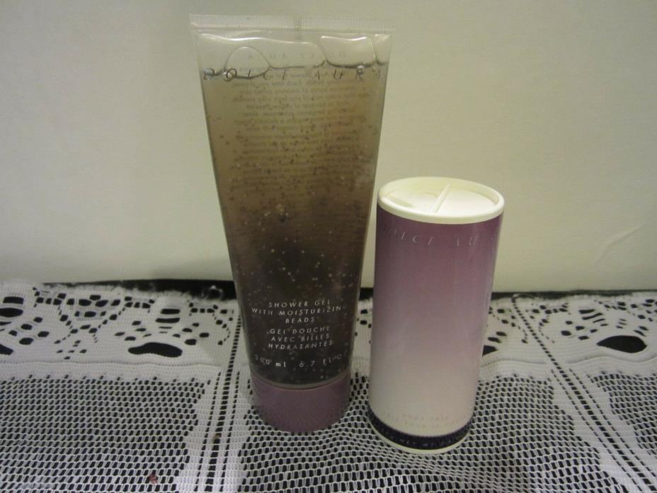 Avon DOLCE AURA  Shower Gel with moisturizing beads 6.7 fl oz & Body Talc 2.6oz