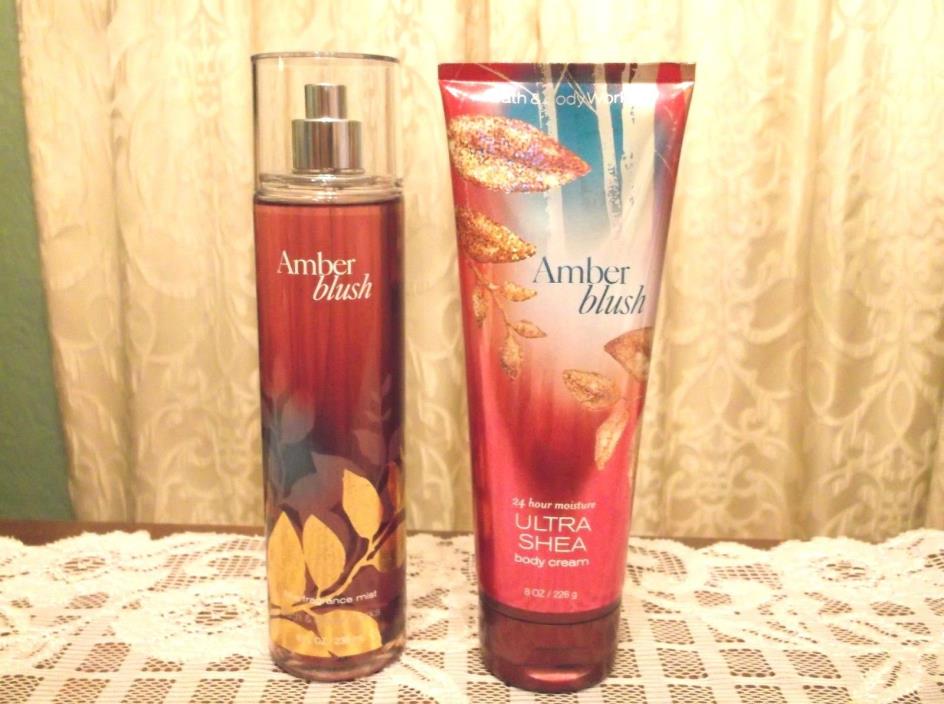 Bath Body Works AMBER BLUSH Fragrance Mist Body Lotion Gel Cream 2 pc Set Lot