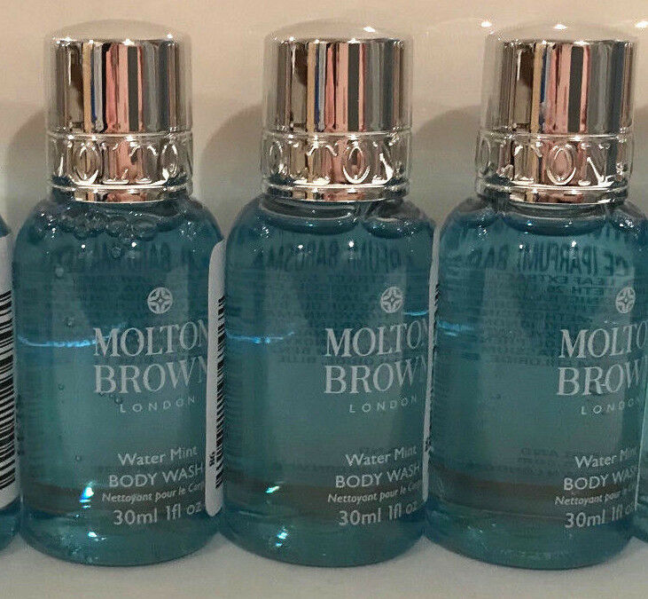 3x MOLTON BROWN Body Wash WATER MINT Scent 1 oz each Plastic Travel Bottles NEW!