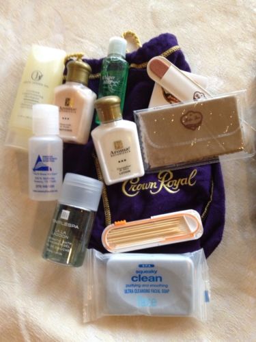 2 Bags Travel Hotel Shampoo Con. Lotion Mouthwash Sunscreen Crown Royal Bag