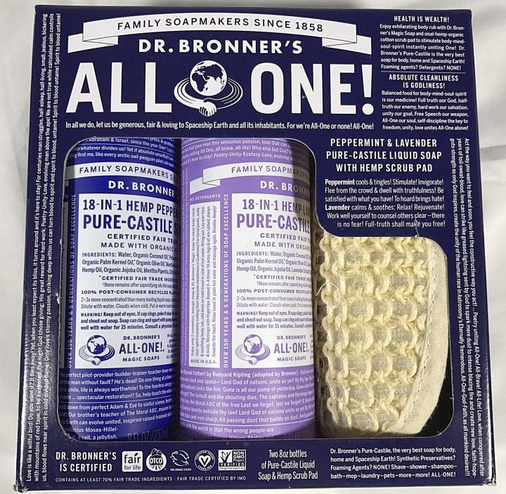 Dr. Bronner's All in One Gift Set Peppermint Lavender Liquid Soap Hemp Scrub NEW