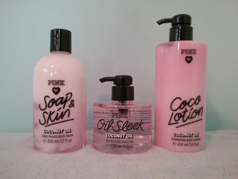 Victoria's Secret Pink Coco Lotion,Coconut Oil Sleek, and Soap & Skin Set New