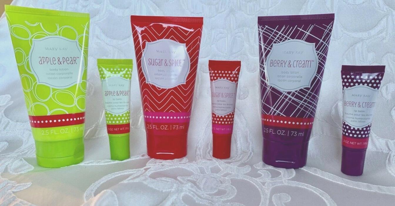 6 Piece Mary Kay 3 Lotion and 3 Lip Balm Set Sugar&Spice Apple&Pear Berry&Cream