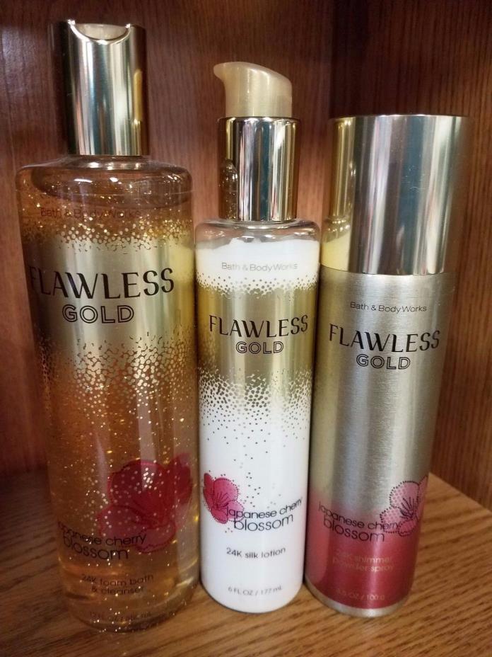 X3 Bath&Body Works JAPANESE CHERRY BLOSSOM 24K FLAWLESS Gel Lotion &Powder Spray