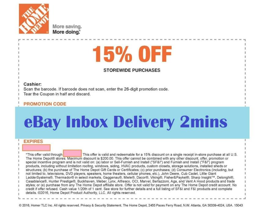 ONE~ 1x Home Depot 15% OFF Coupon Save up to $200-Instore ONLY  Quick-SENT-2mins