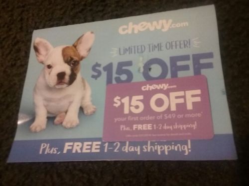 chewy.com coupon, $15 off first order of $49 plus phree shipping 3/31