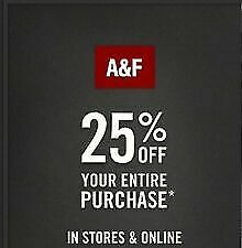 Abercrombie code 25 % off purchase at 75$ or more