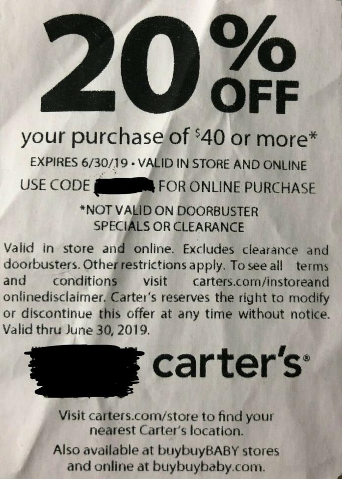 Carter's  ~ 20% off $40 or more Promo Code