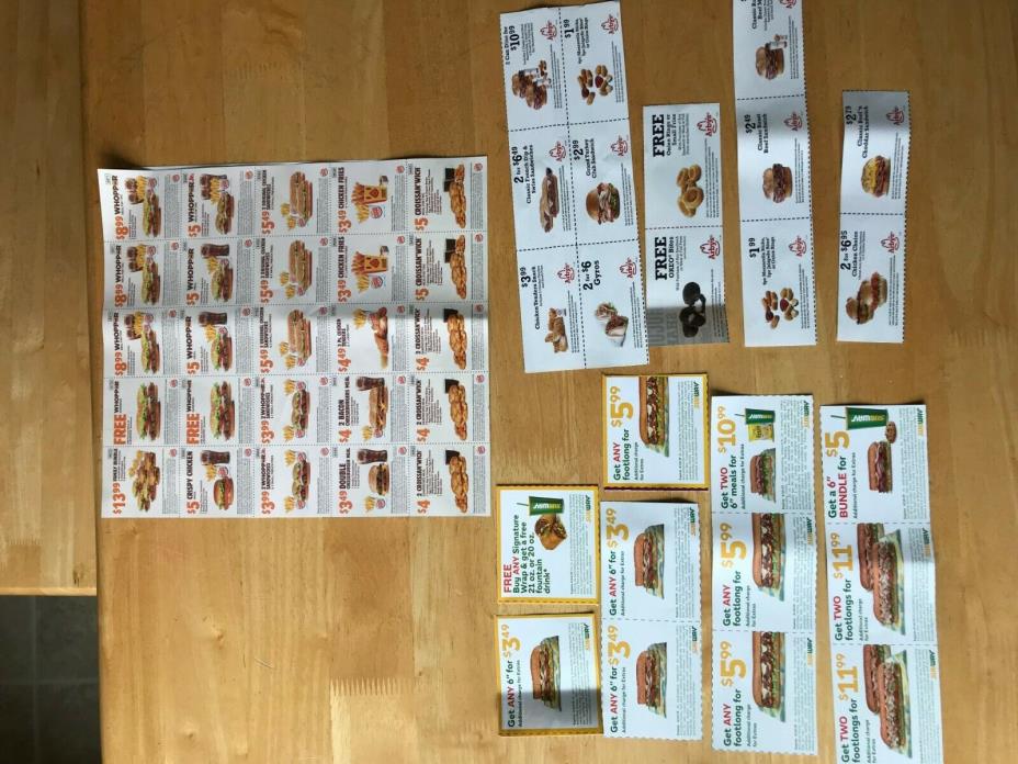55 food type coupons Arbys, Subway, Burger King, Pizza Hut