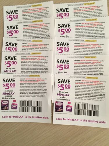 10 Miralax Coupons~$5 Off Any Size 20 Dose Or Larger Exp 12/31/2019!