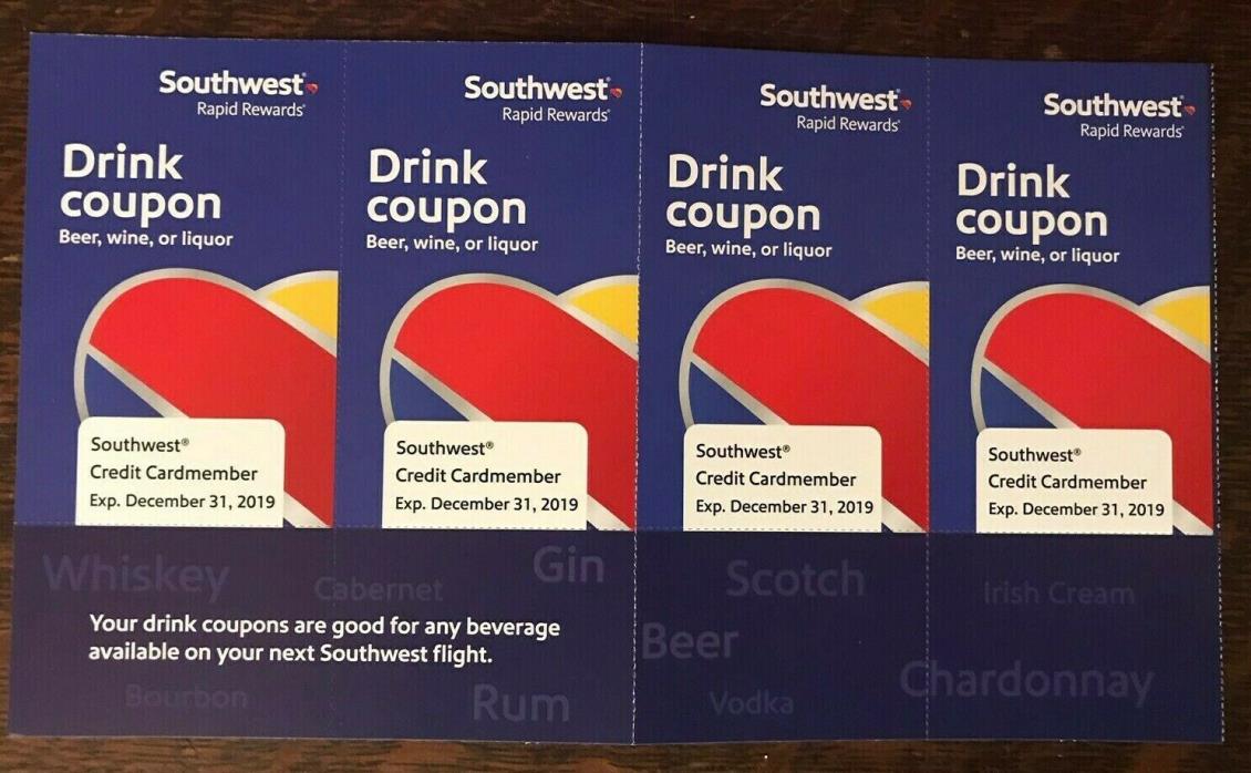 4 SOUTHWEST DRINK COUPONS - EXPIRE 12/31/2019