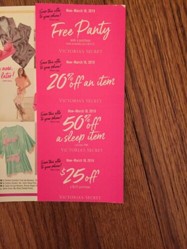 Victoria Secret Coupons Lot Of 4-Expiration 3/18/19-Free Panty,20%,50%, $25off