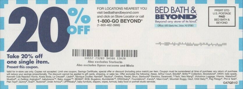 Bed/Bath/Beyond 20% off  - 1 Single item VALID/In STORE ONLY ** NO EXPIRATION