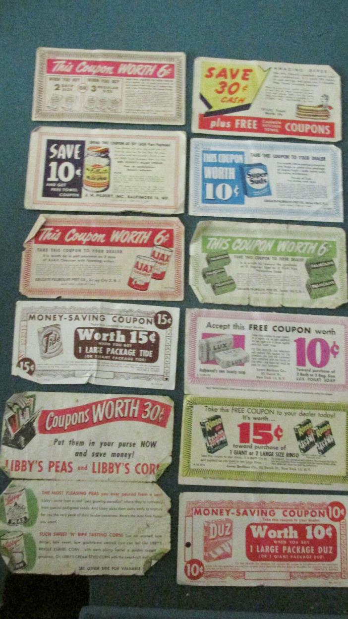 Vintage 12-Lot of 1940s-50s manufacturers coupons: Tide, Duz, Rinso, Lux & more