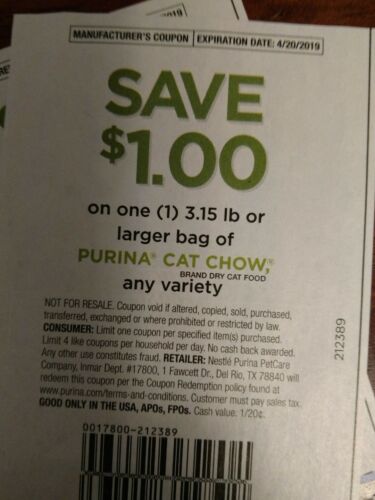 Two (2) COUPONS-SAVE $1 OFF PURINA DRY CAT CHOW 3.15 lb OR LARGER. ANY VARIETY.