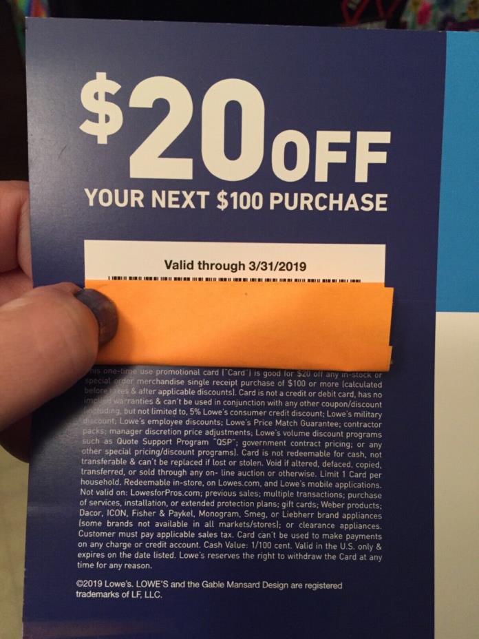 Lowe’s Coupon $20 off $100 Exp 3/31 ~ Will Mail