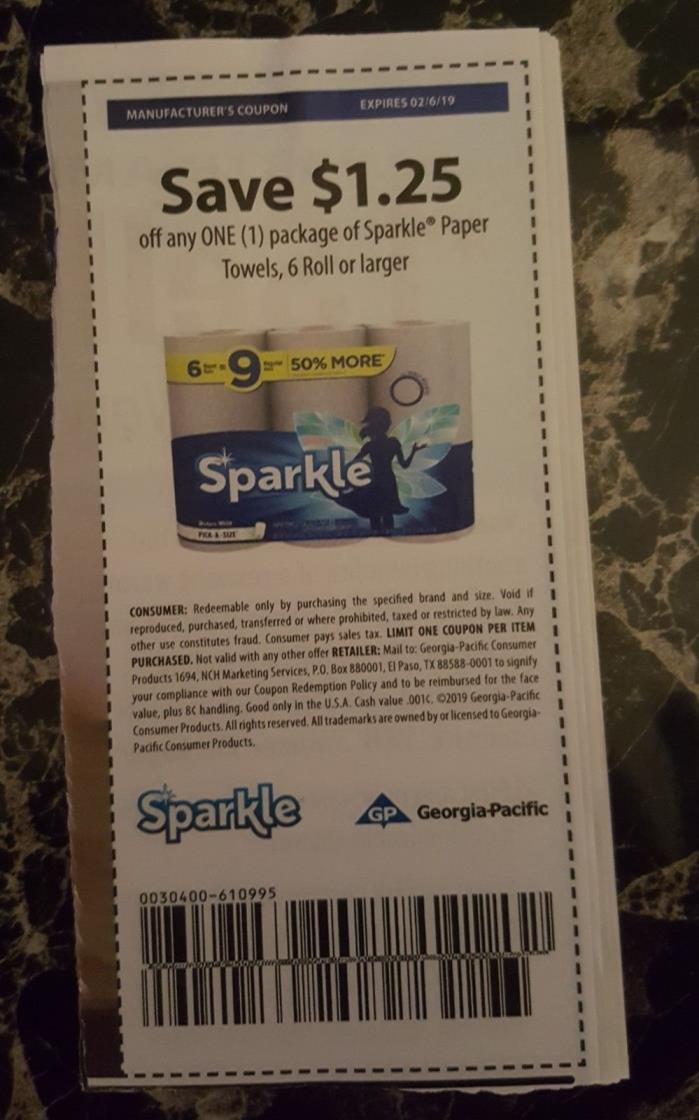5 coupons to save $1.25/1 package SPARKLE Paper Towels 6 roll or larger  2/6/19
