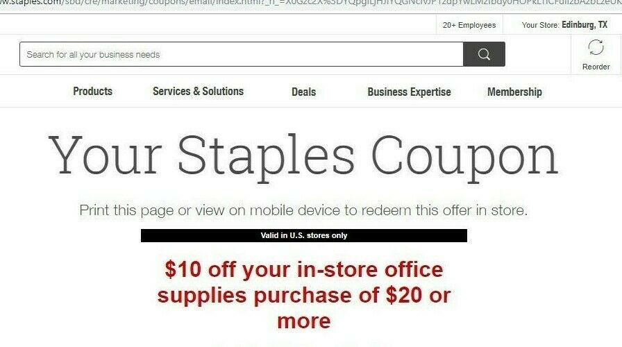 Staples $10 off $20 in-store office supplies purchase  - exp 03/09/2019