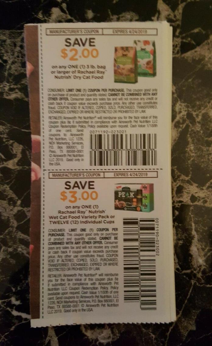 4 coupons to save $2/1 3 lb+ bag Rachel Ray Nutrish Dry / Wet Cat Food  4/24/19