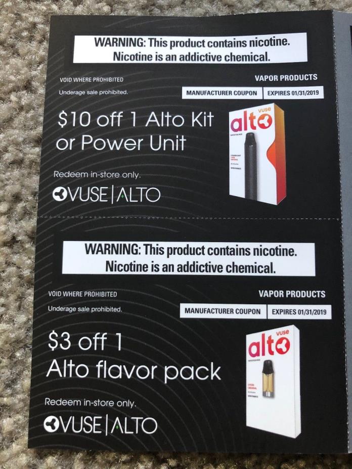 Vuse Alto Kit and Power Unit coupons (Expire 1-31-2019)