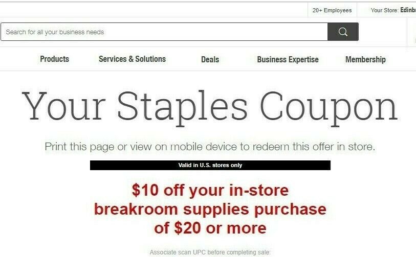 Staples $10 off $20 in-store breakroom supplies purchase  - exp 3/9/2019
