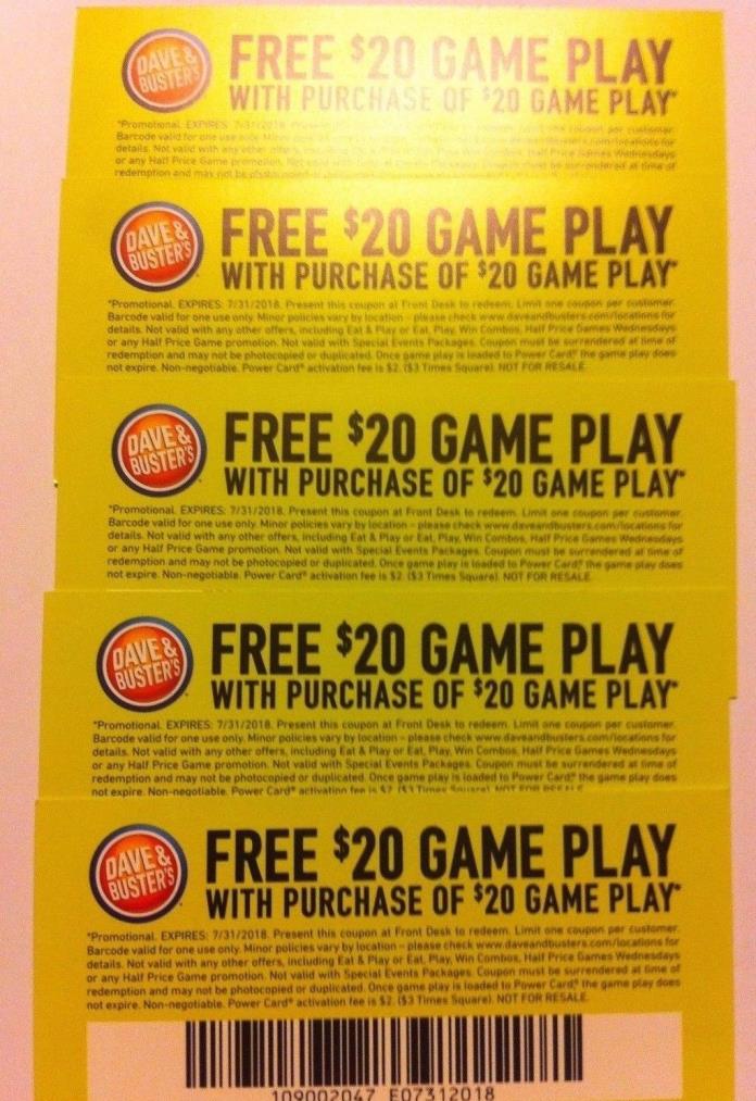 10 1/1 DAVE AND BUSTERS $20 OFF GAME PLAY COUPONS EXPIRES 7/31/18