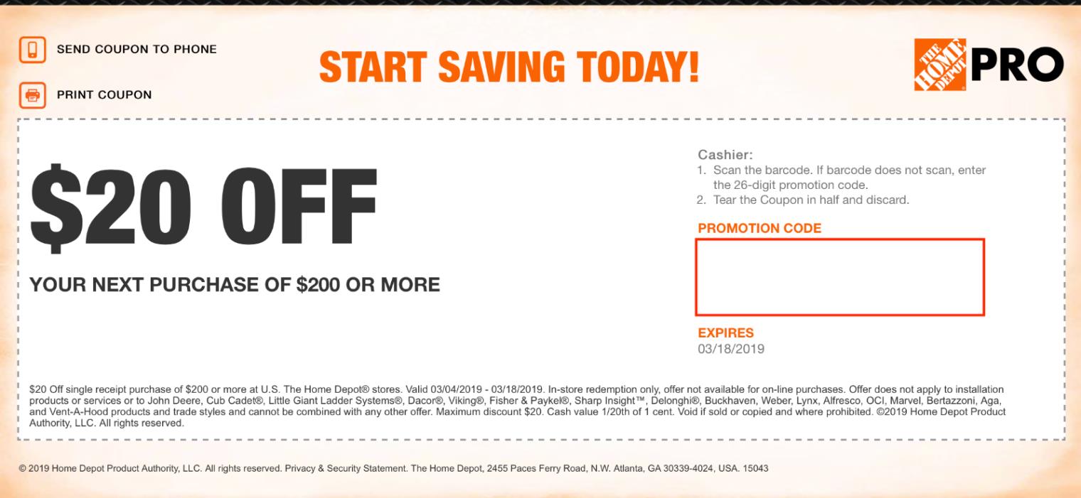 Home Depot coupon $20 Off $200 in-store Fast Delivery