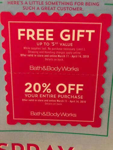 2 COUPONS ~ Bath & Body Works Coupon 20% Off Purchase, N/C Gift      n/c Shippin