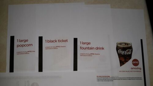 Amc Coupons, 8, black ticket, lg popcorn,lg drink