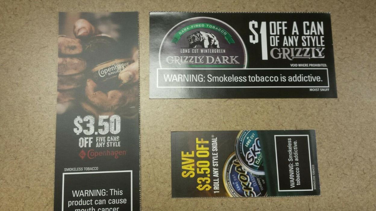 Skoal, Copenhagen & Grizzly Coupons (3) coupons $8.00