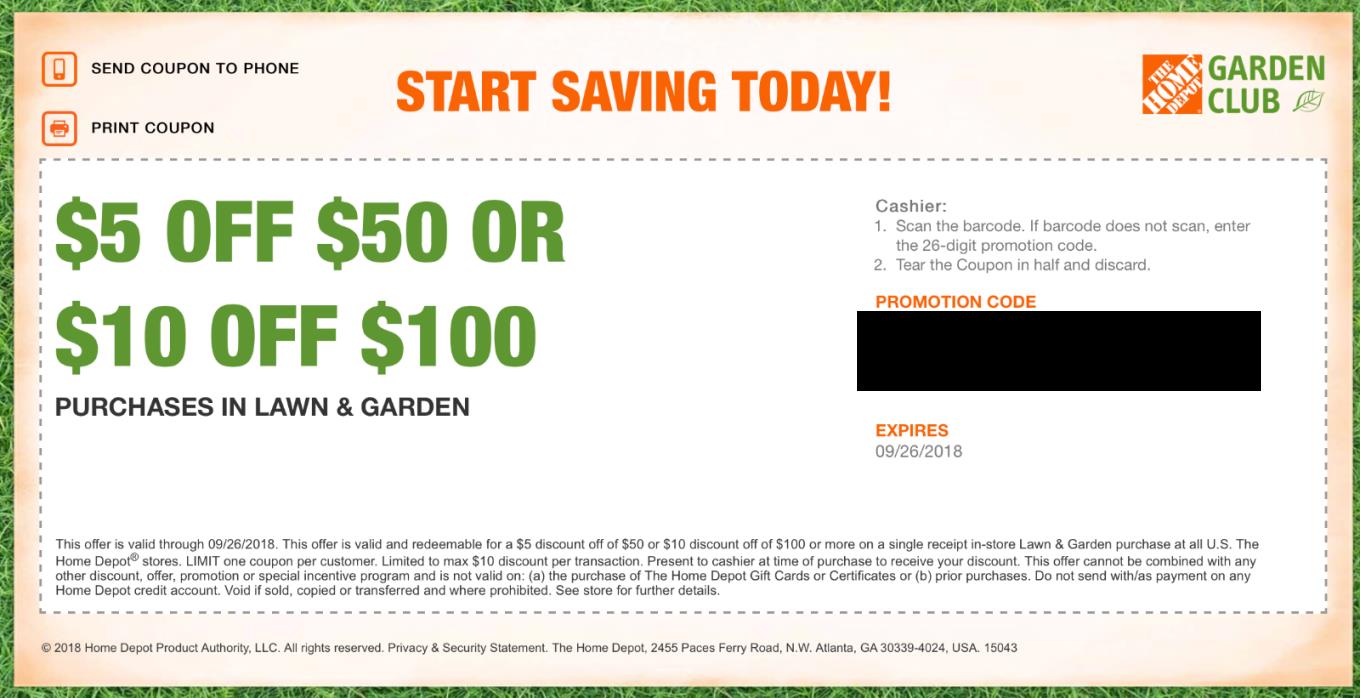 The Home Depot Coupon $5 OFF $50 OR $10 OFF $100 (Purchases in Lawn & Garden)