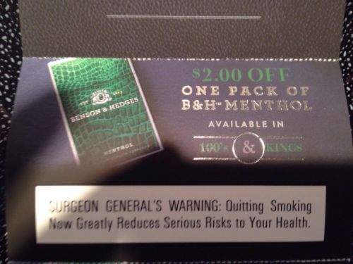 4 $2 off coupons Benson and Hedges B&H Menthol Cigarettes