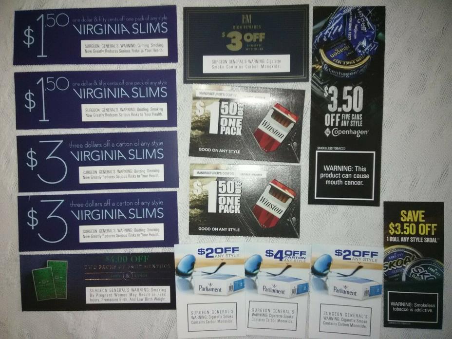 CIGARETTE COUPONS, $34, B&H, VIRGINIA SLIMS,L&M,WINSTON,PARL,SKOAL,COPENHAGEN