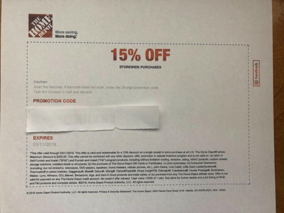ONE 15% OFF Home Depot Coupon - In store ONLY Save up to $200