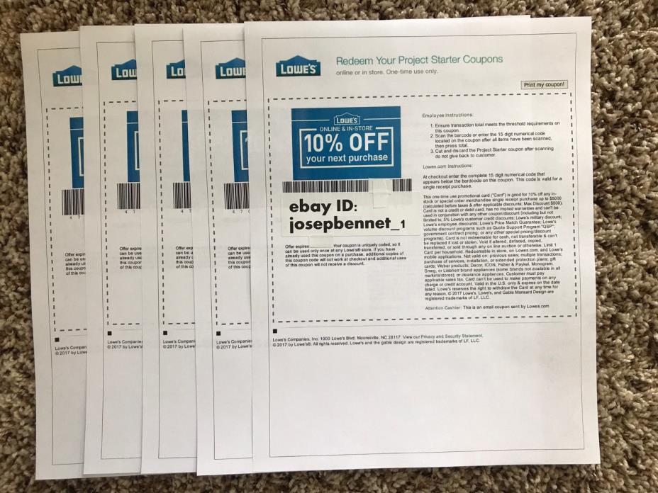 Five 5x Lowes 10% Off Coupon - Expires 02-28-18 - physically delivery via USPS