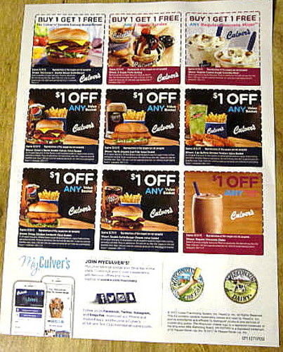 5 SHEETS OF  CULVER'S COUPONS EXP 2/18/2018