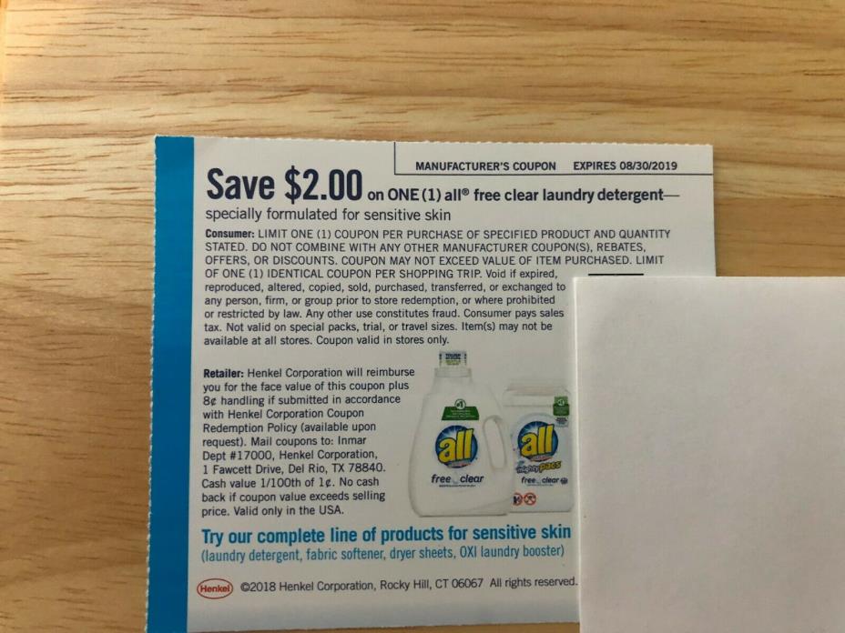 10 $2.00 All Clear Sensitive Laundry Detergent Coupons Exp 8/30/19