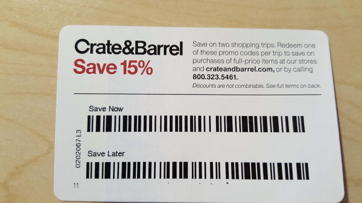Crate & Barrel 15% off 2 coupons, exp. 04/30/2017