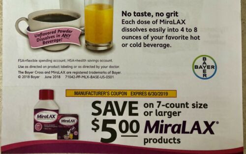 Seven (7) $5 Off 7-Count Or Larger MiraLAX Product Coupons - Exp 06/30/2019