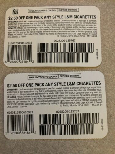 Two $2.50 Off L&M CIGARETTE COUPONS SAVE $$$