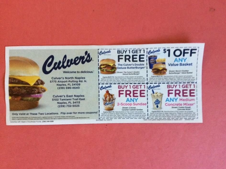 2 - Culver's coupons, exp 03/27/19