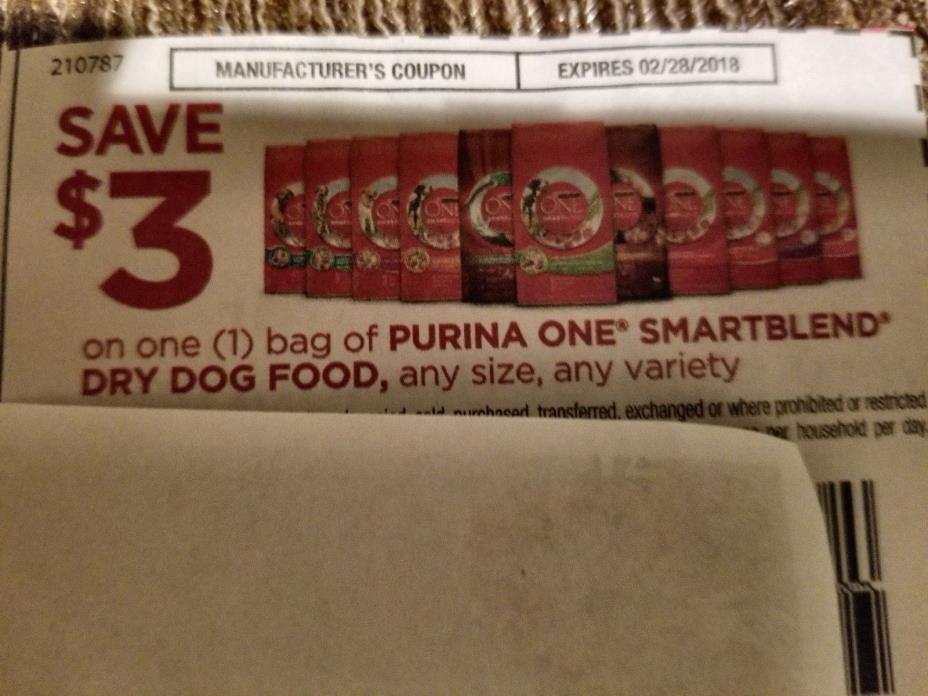 (4) $3 on one bag of Purina One Smartblend dry dog food, any size