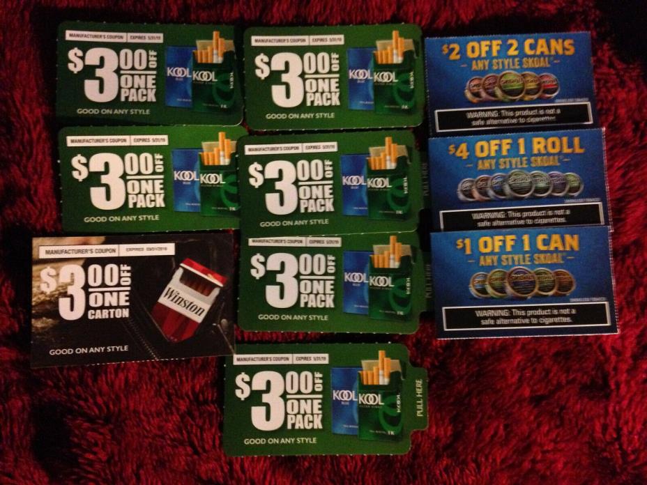 LOT of Cigarette/Tobacco Coupons: Winston, Kool & Skoal Total Value: $28.00