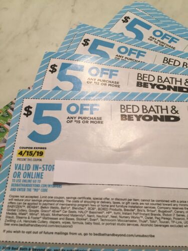 Lot of 5 BED BATH AND BEYOND $5 OFF $15 (or more) exp 4/15/19