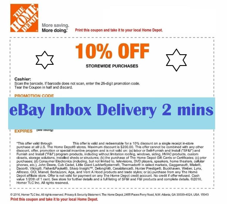 ONE~1X Home Depot 10% OFF Coupon - Instore ONLY Save up to $200-Fast-SENT_2mins-
