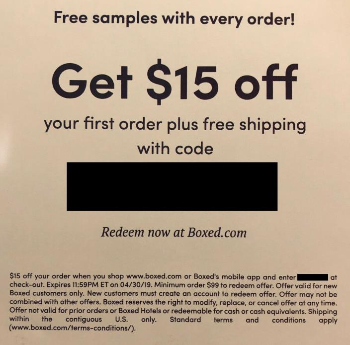 $15 Off BOXED.com First Order of $99 or More + Shipping (exp. 4/30/19)