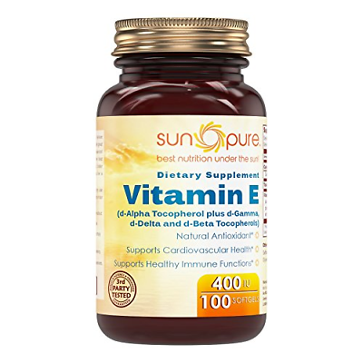 Sun Pure Premium Quality Vitamin E Mixed Tocopherols 400 IU 100 Softgels Glass