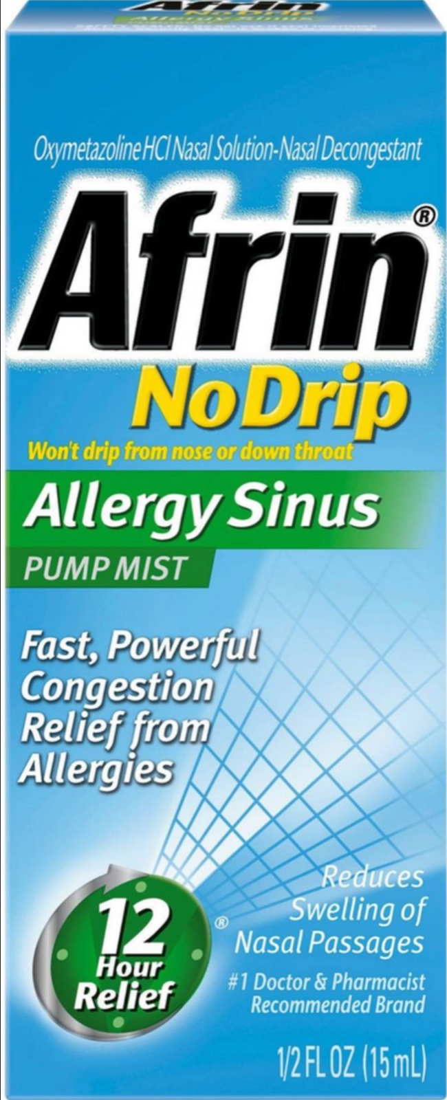 Afrin No Drip Nasal Spray Allergy Sinus 12 Hour Pump Mist 15 mL 12 Hr Relief NEW