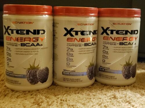 Scivation Xtend Energy BCAA Powder for Pre Workout Energy Blue Raspberry 3-pack