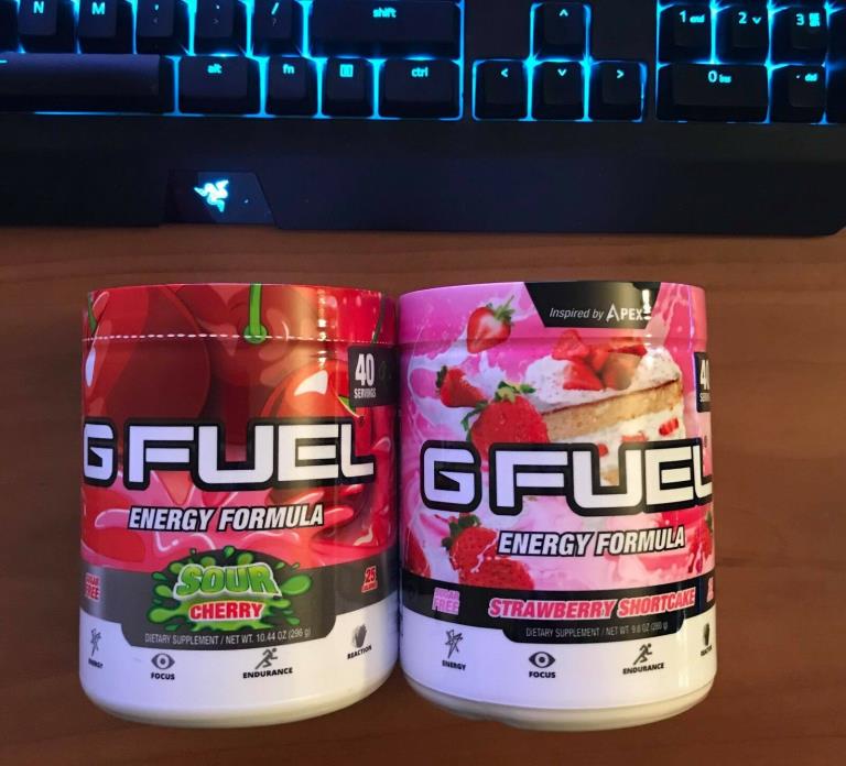 Gamma Labs G Fuel Sour Cherry and Strawberry Shortcake tubs